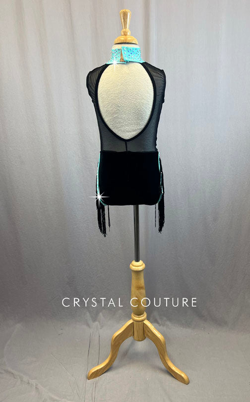 Black Velvet Leotard with Mint Green Trim and Rhinestones