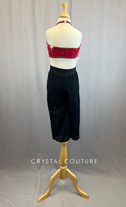 Red Velvet Cropped Vest With Rhinestones and Cropped Black Striped Sheer Pants