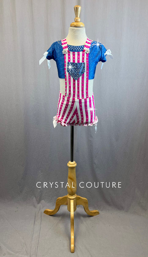 Hot Pink and White Striped Overalls With Denim Look Lycra Top With Rhinestones