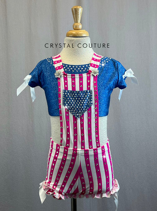 Hot Pink and White Striped Overalls With Denim Look Lycra Top With Rhinestones