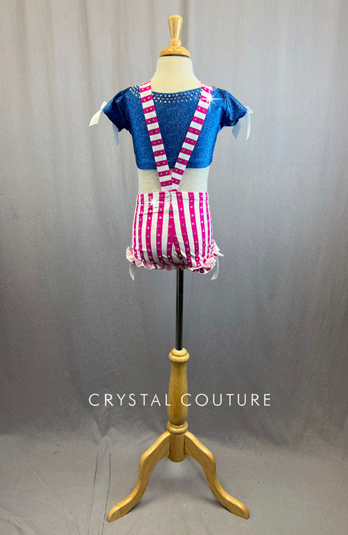 Hot Pink and White Striped Overalls With Denim Look Lycra Top With Rhinestones