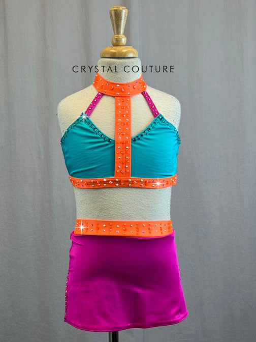 Custom Colorblocked Teal, Fuchsia and Electric Orange Two Piece
