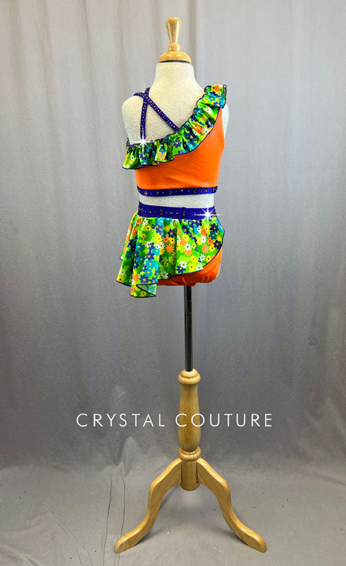 Custom Electric Orange Two Piece With Floral Ruffles