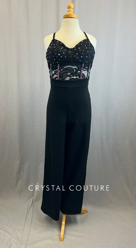 Black Unitard With Black Lace Corset Top and Rhinestones