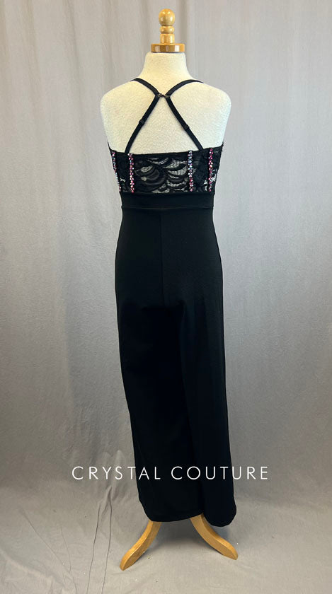 Black Unitard With Black Lace Corset Top and Rhinestones
