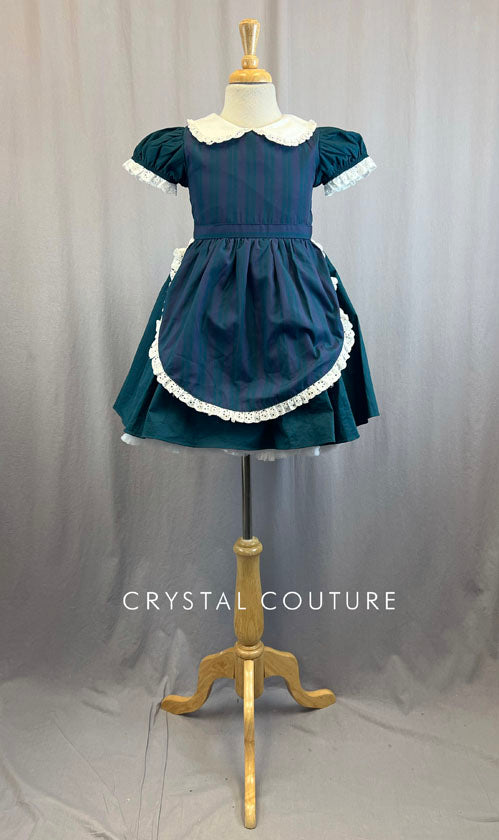 Hunter Green Short Sleeved Dress With Purple and Green Striped Apron Hunter Green Short Sleeved Dress With Purple and Green Striped Apron