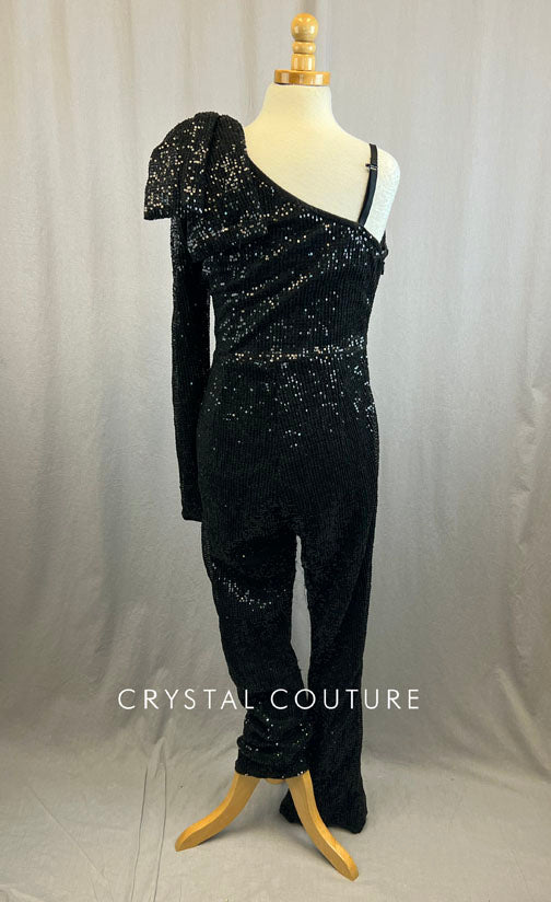 Black Sequin One Shoulder Jumpsuit With One Long Sleeve and Bow