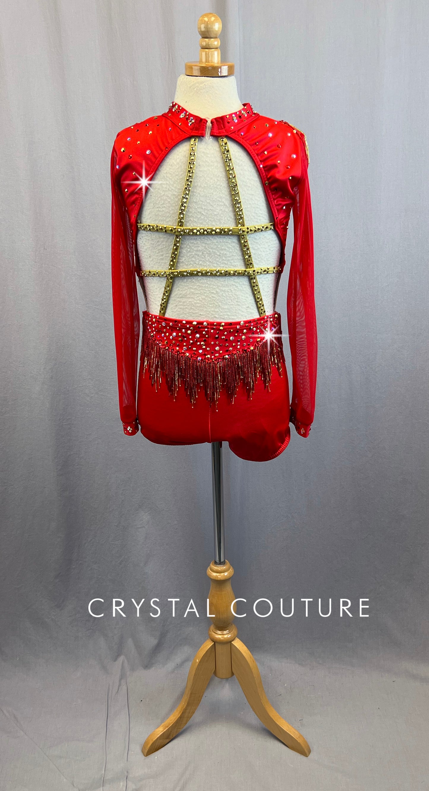 Custom Red Biketard With Nude Mesh Bodice and Neckline With Long Sleeves and Rhinestones