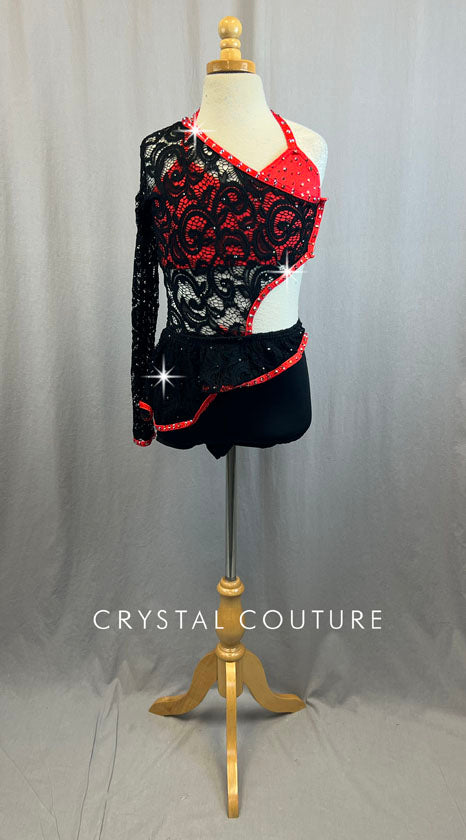 Custom Red and Black Biketard with Lace Bodice and Skirt and Rhinestones Custom Red and Black Biketard with Lace Bodice and Skirt and Rhinestones