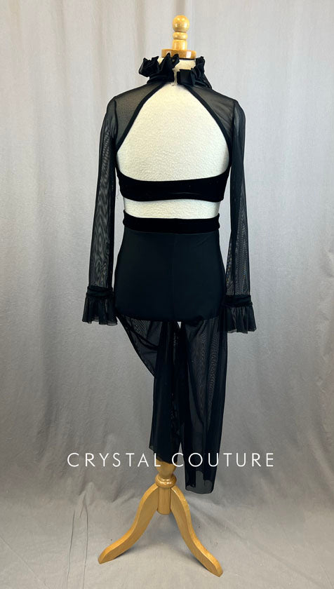 Custom Black Velvet Crop Top With Rhinestones and Mesh Pants With Attached Briefs