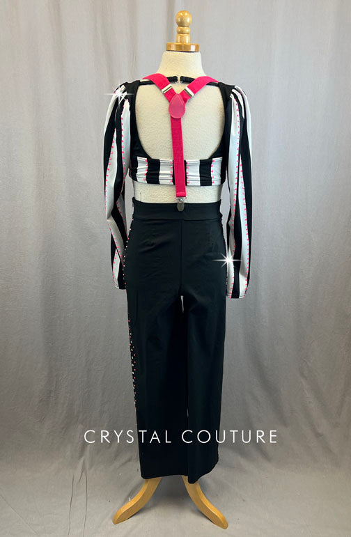 Black and White Stripe Crop Top and Black Dress Pants With Hot Pink Rhinestone Details and suspenders