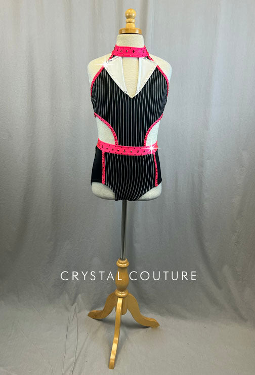 Custom Black and White Pinstripe Leotard with Hot Pink Trim and Rhinestones