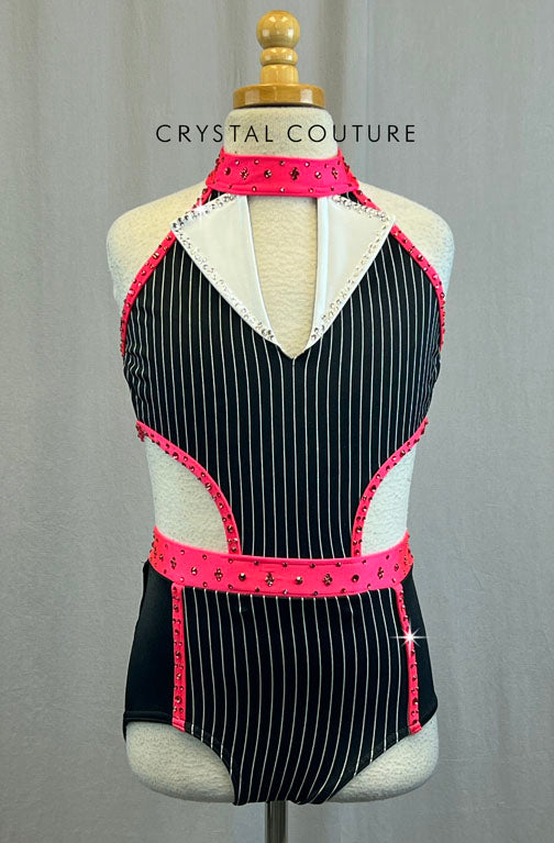 Custom Black and White Pinstripe Leotard with Hot Pink Trim and Rhinestones