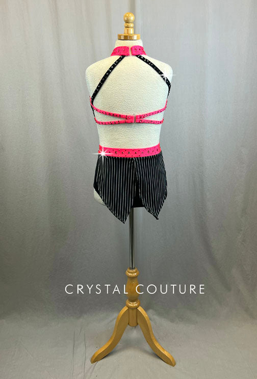 Custom Black and White Pinstripe Leotard with Hot Pink Trim and Rhinestones