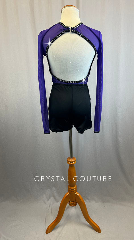Custom Purple And Black One Piece Unitard With Mesh Bodice and Open Back With Rhinestones