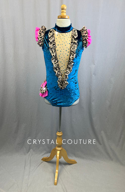 Custom Crushed Velvet Midnight Blue Leotard With Leopard and Hot Pink Ruffle Accents and Rhinestones