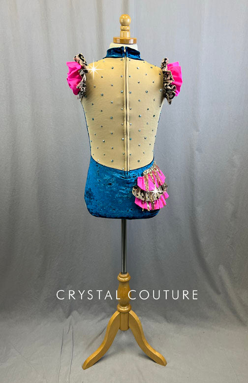 Custom Crushed Velvet Midnight Blue Leotard With Leopard and Hot Pink Ruffle Accents and Rhinestones