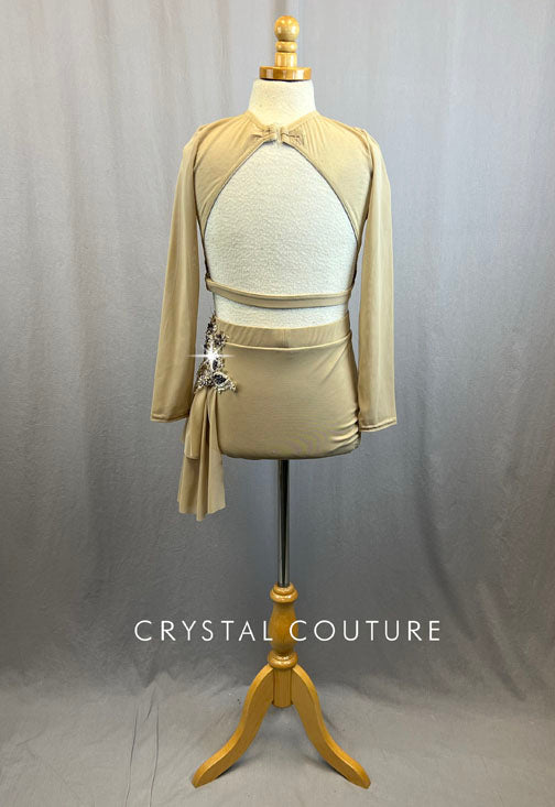 Custom Nude Lycra and Mesh Two Piece With Purple and Ivory Appliques and Rhinestones