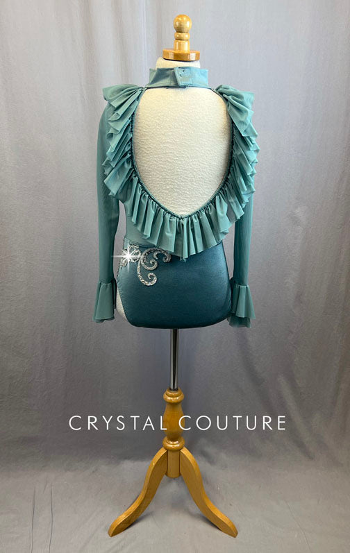 Custom Sage Green Leotard With Mesh Ruffle Neckline and Long Sleeves With Rhinestones