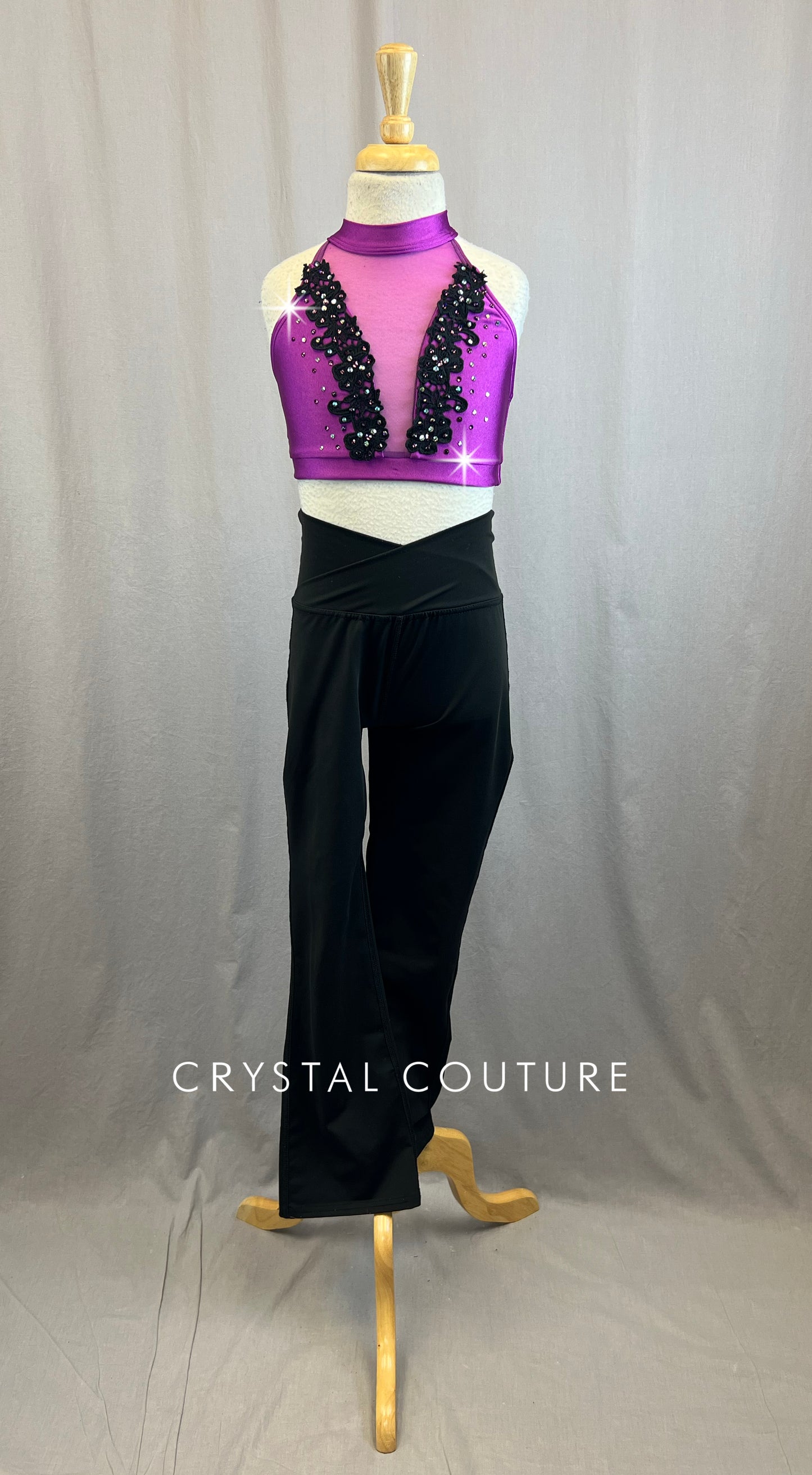 Purple Halter Top With Rhinestones and Black Criss Cross Front Jazz Pants