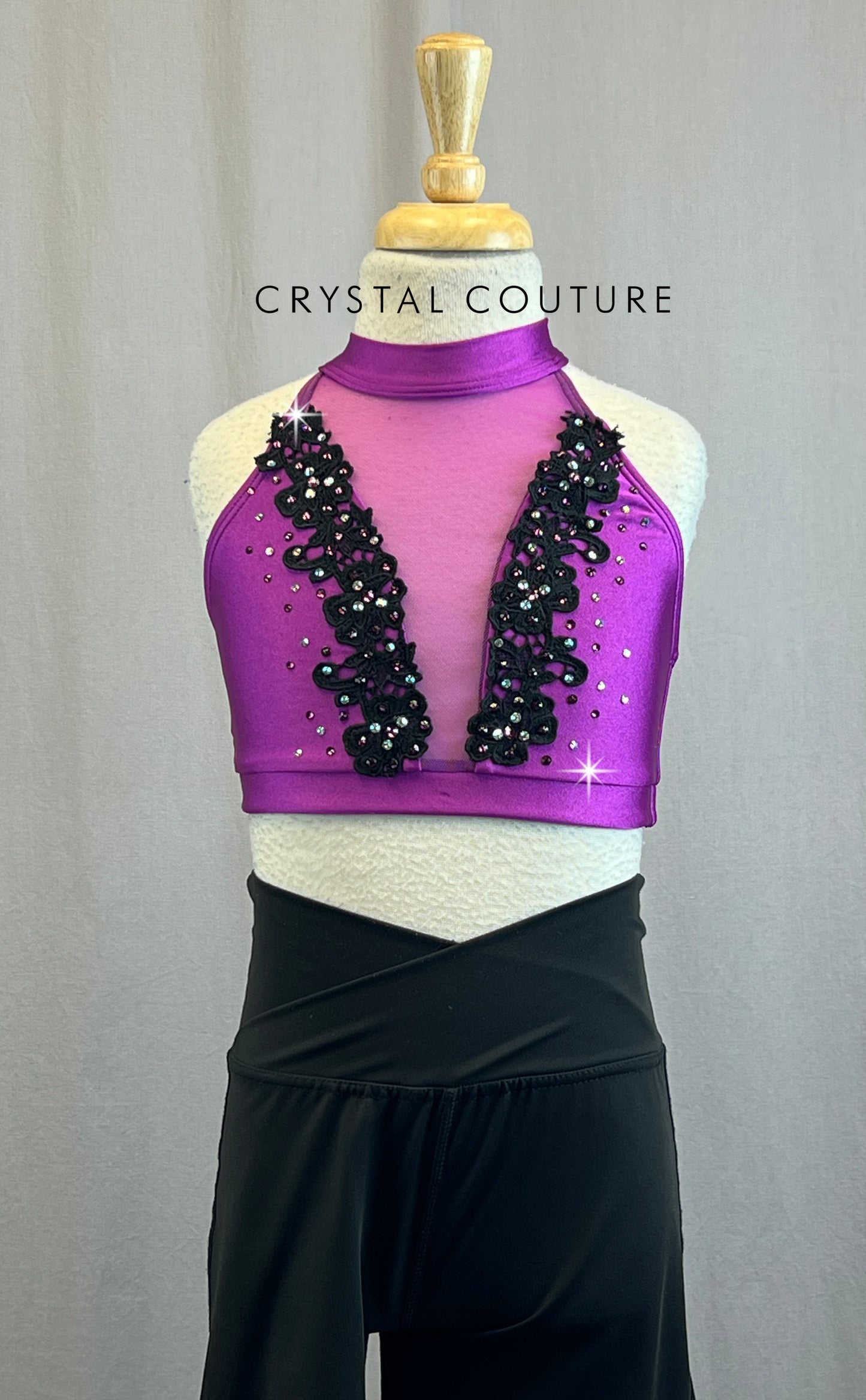 Purple Halter Top With Rhinestones and Black Criss Cross Front Jazz Pants