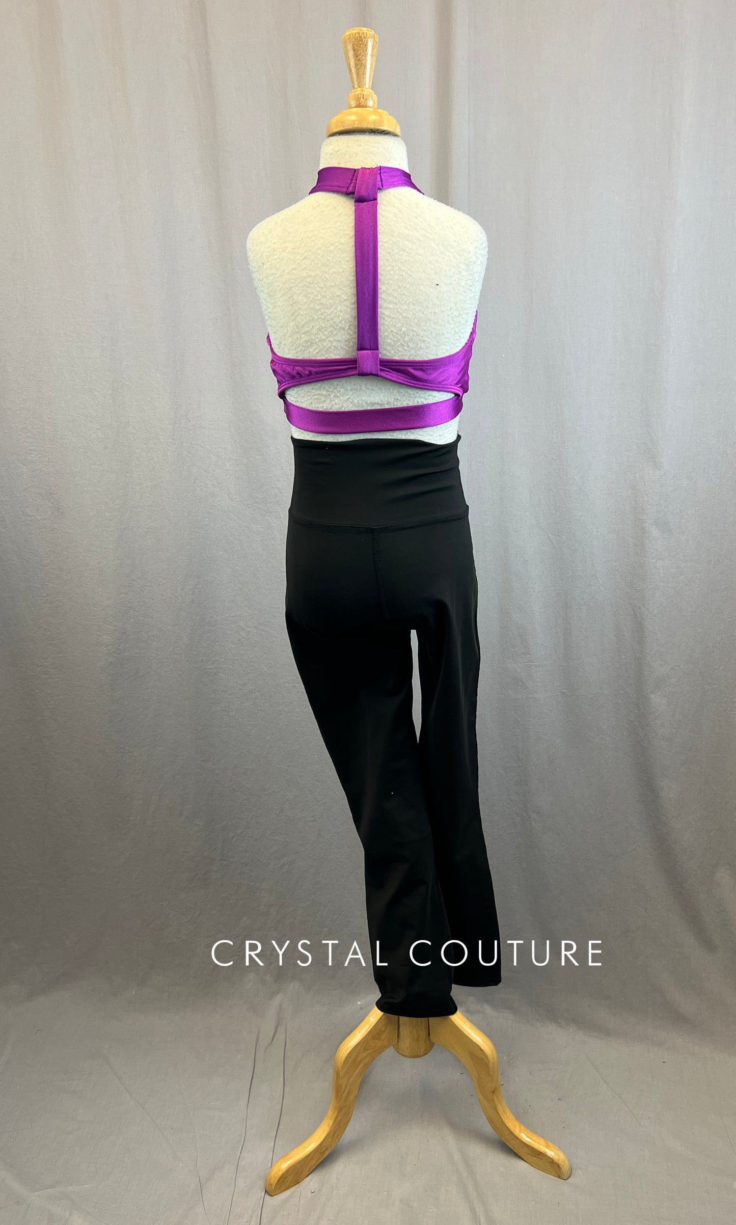 Purple Halter Top With Rhinestones and Black Criss Cross Front Jazz Pants