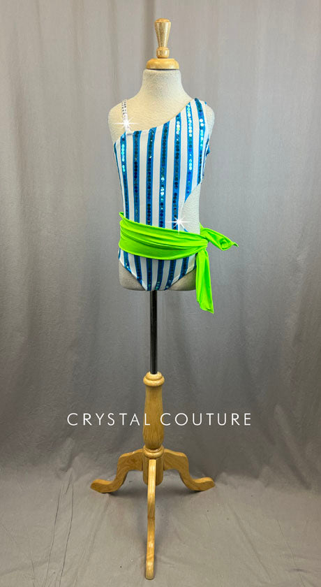 White and Blue Striped Cutout Leotard With Green Sash