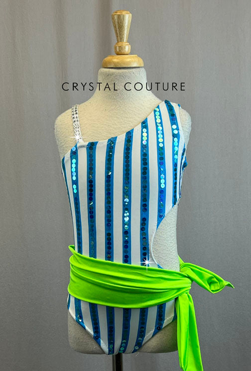 White and Blue Striped Cutout Leotard With Green Sash