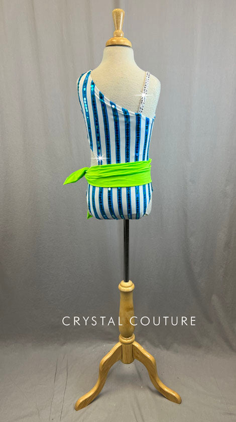 White and Blue Striped Cutout Leotard With Green Sash