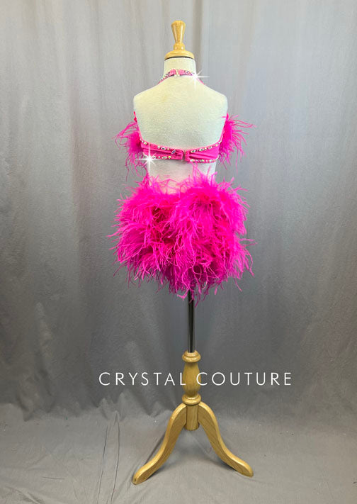 Custom Hot Pink Top and Brief Connected by Straps with Feathers - With Rhinestones