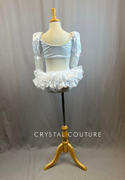 Custom White Long Sleeve Leotard with Cutouts and Lace Detailing - With Rhinestones