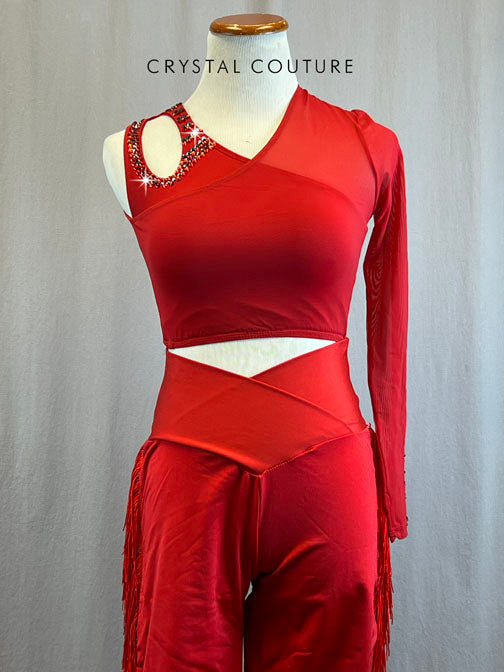 Red Wide Leg Lycra Pants with Fringe and Matching Crop Top