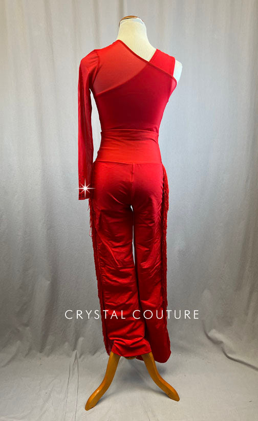 Red Wide Leg Lycra Pants with Fringe and Matching Crop Top