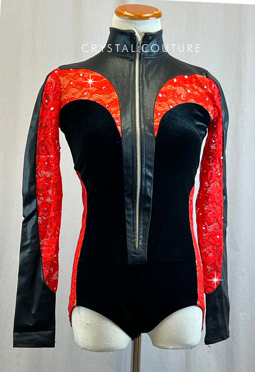 Black Velvet Color Block Leotard with Red Lace Panels and Rhinestones