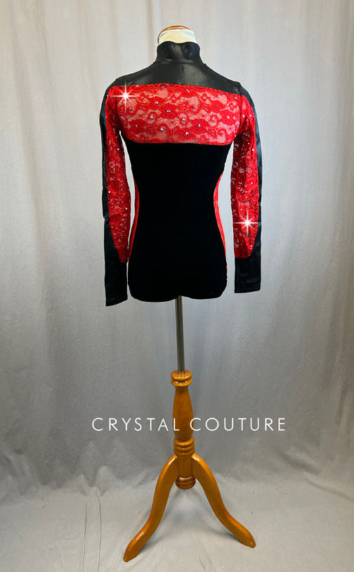 Black Velvet Color Block Leotard with Red Lace Panels and Rhinestones
