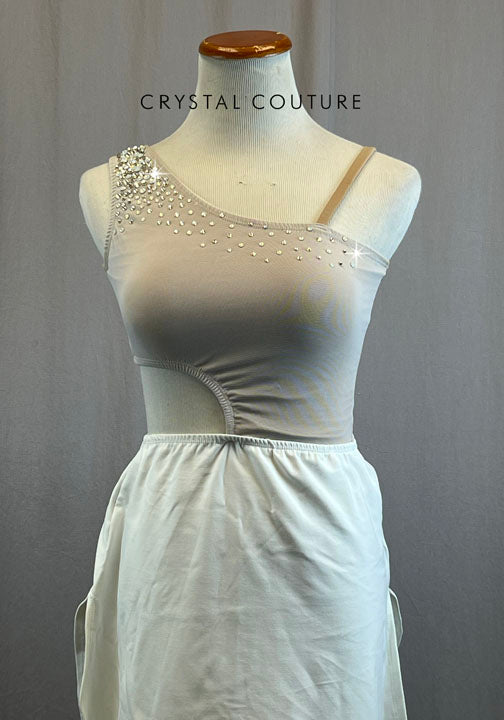 Nude Lined White Mesh Cutout Dress with White Skirt.