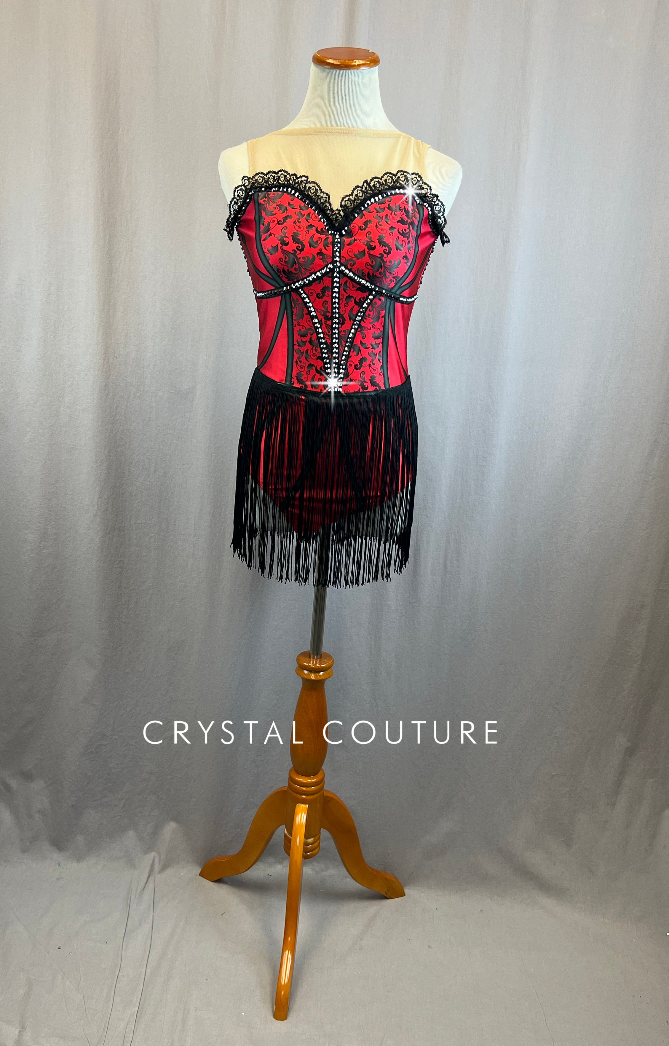 Black and Red Screen Printed Lycra Backless Leotard with Rhinestones and Fringe Black and Red Screen Printed Lycra Backless Leotard with Rhinestones and Fringe