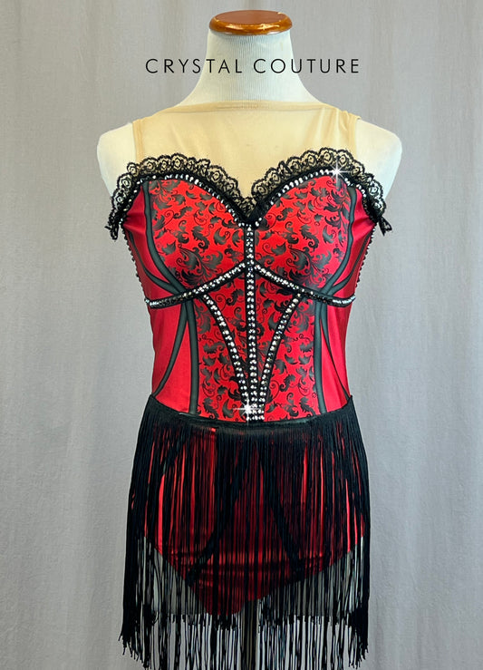 Black and Red Screen Printed Lycra Backless Leotard with Rhinestones and Fringe