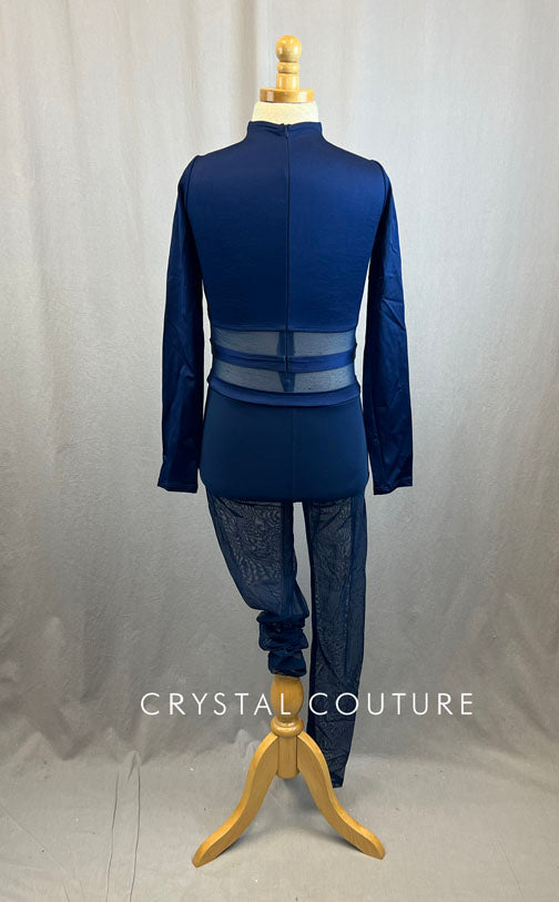 Navy Blue Lycra Unitard with Mesh Waist Cutouts and Mesh pants and Rhinestones