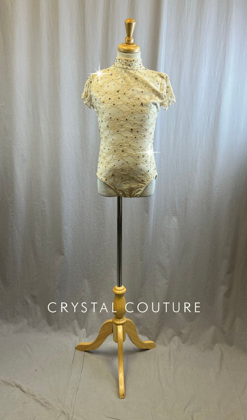 Ivory Lace Leotard with White Lycra Lining and Rhinestones