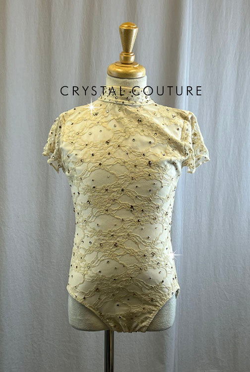 Ivory Lace Leotard with White Lycra Lining and Rhinestones