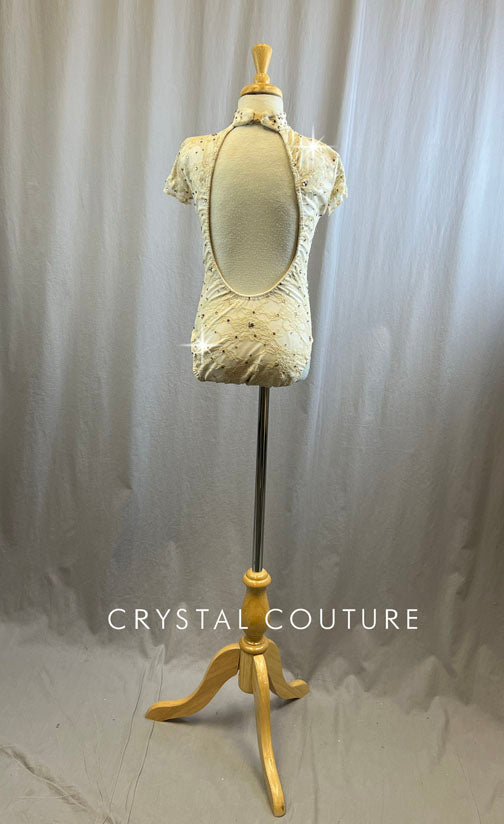 Ivory Lace Leotard with White Lycra Lining and Rhinestones