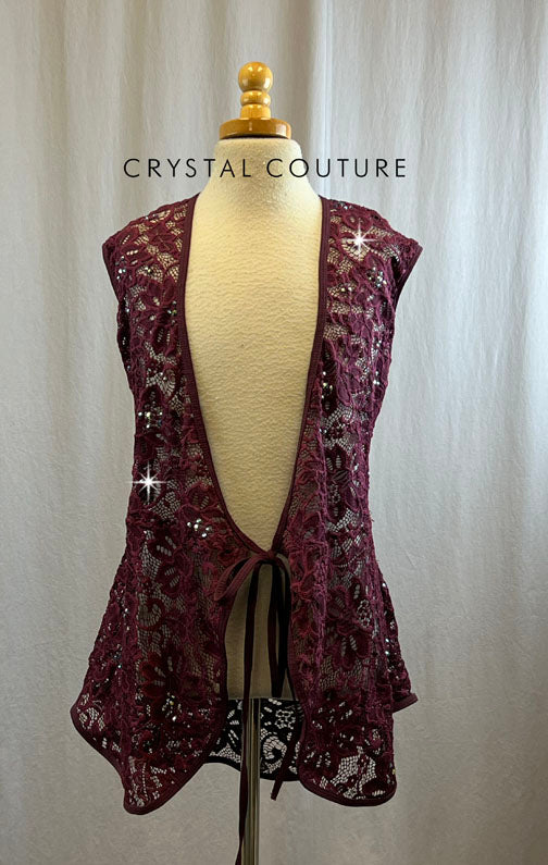 Maroon Lace Wrap Dress with Rhinestones. *Bra Top and Briefs Not Included.