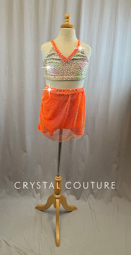 Neon Orange Rhinestone Mesh Skirt and Rainbow Pastel Bra Top with Rhinestones