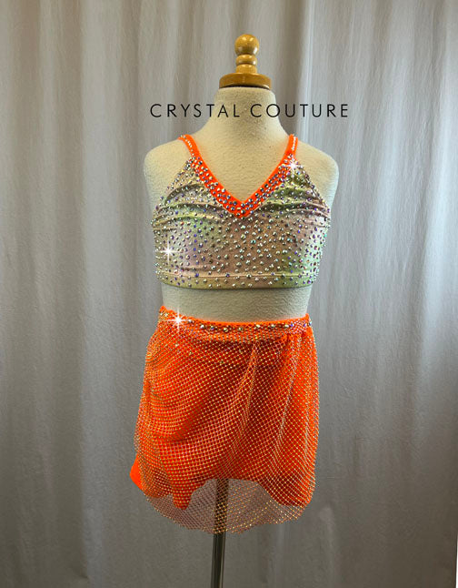 Neon Orange Rhinestone Mesh Skirt and Rainbow Pastel Bra Top with Rhinestones