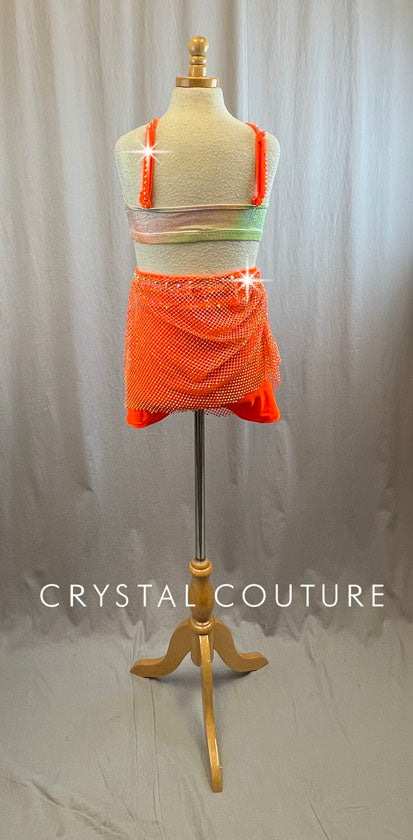 Neon Orange Rhinestone Mesh Skirt and Rainbow Pastel Bra Top with Rhinestones