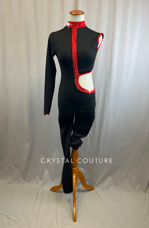 Black and Red Trim Lycra Unitard with Rhinestones