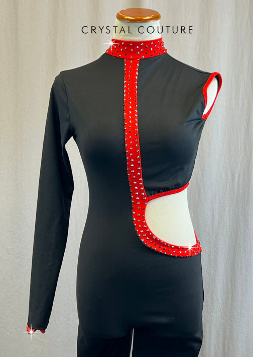 Black and Red Trim Lycra Unitard with Rhinestones