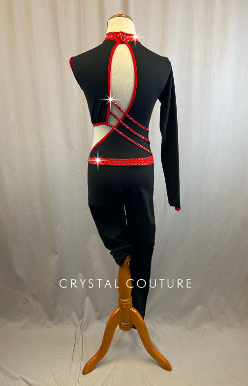 Black and Red Trim Lycra Unitard with Rhinestones