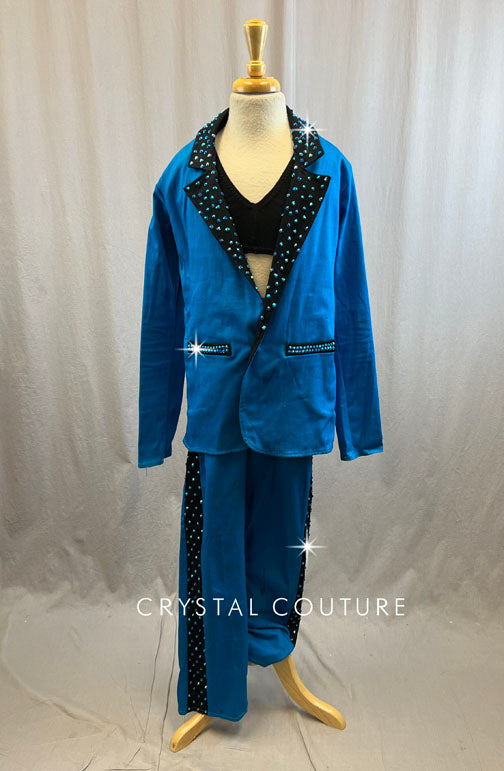 Royal Blue Pant Suit with Black Trim Details - Rhinestones